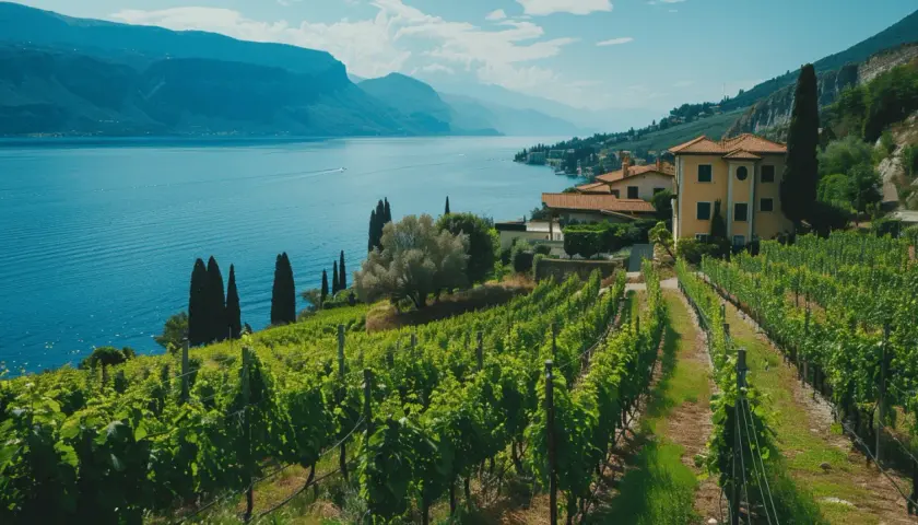 Vigneti rigogliosi con vista sul lago azzurro e montagne. Ideale per una degustazione vini Marche in un contesto da sogno.