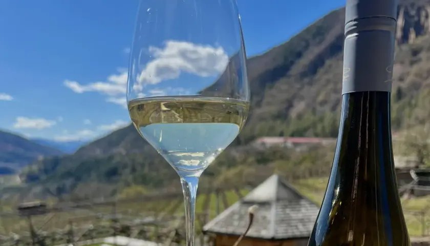 Glass of white wine and bottle with a mountain landscape and blue sky in the background.