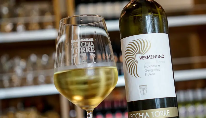 Calice di Vermentino Salento Bianco, perfetto per scoprire i suoi abbinamenti con pesce e crostacei.