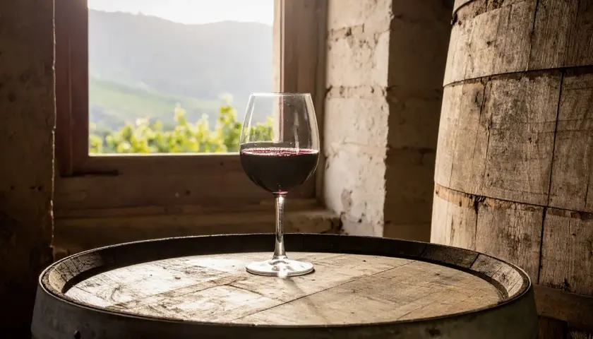 Calice di vino rosso su una barrique, con vista su vigneti dalla finestra.