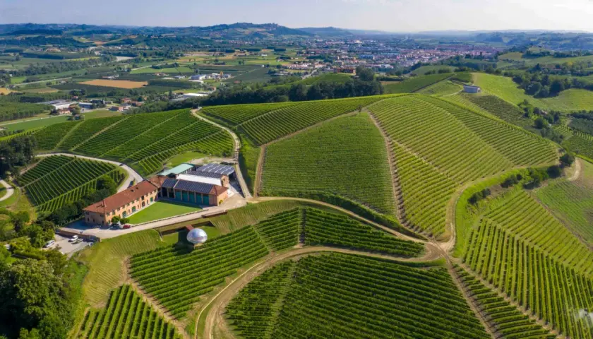 Tenuta Monsordo Bernardina: vigneti a perdita d'occhio sulle colline piemontesi, con un complesso rurale e una moderna struttura in vetro.