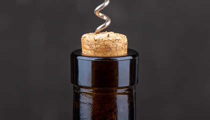 Un cavatappi d'argento è conficcato in un tappo di sughero, pronto ad aprire una bottiglia di vino. Il tappo sa di tappo, promettendo un buon aroma.
