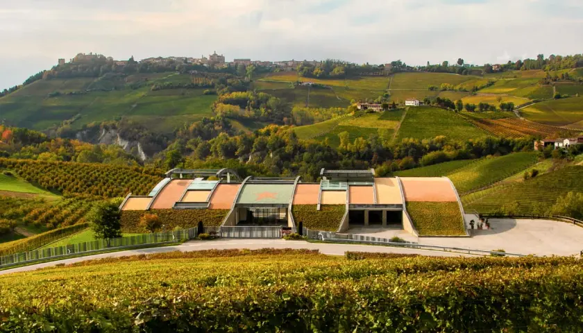 Cantina moderna immersa tra le colline vitate delle Langhe, un paesaggio che evoca la qualità dei vini di Domenico Clerico.