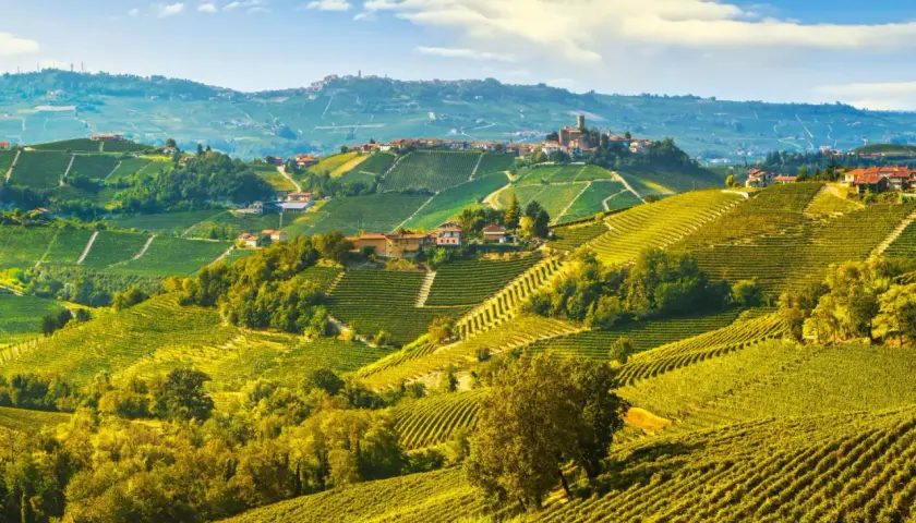 Colline ondulate ricoperte di vigneti dorati, con borghi arroccati in lontananza. Un invito a visitare Langhe e scoprire la sua bellezza.
