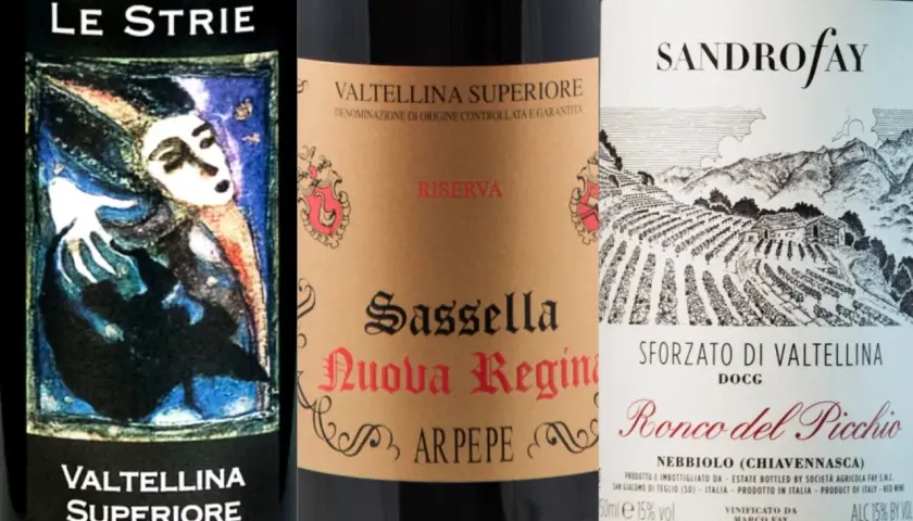 Tre bottiglie di vino per una degustazione vini Valtellina: "Le Strie", "Sassella Nuova Regina" e "Sforzato di Valtellina Ronco del Picchio".