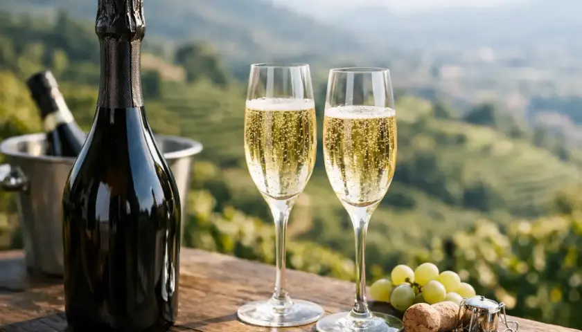 Due calici di spumante millesimato, con una bottiglia in secchiello e grappoli d'uva, su un tavolo di legno con sfondo di colline verdi.