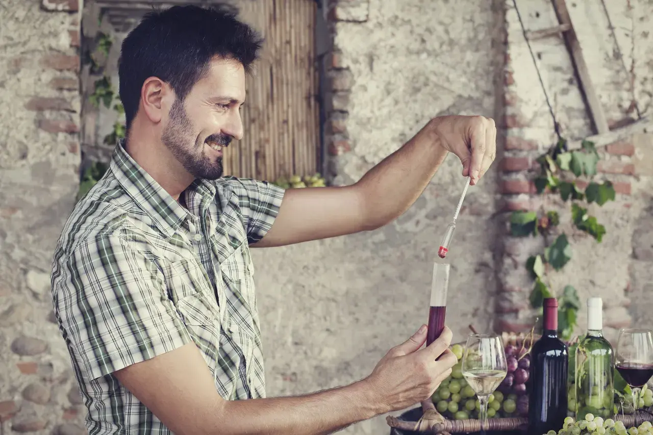 Un uomo controlla l'acidità volatile del vino con un densimetro, circondato da uva e bottiglie.