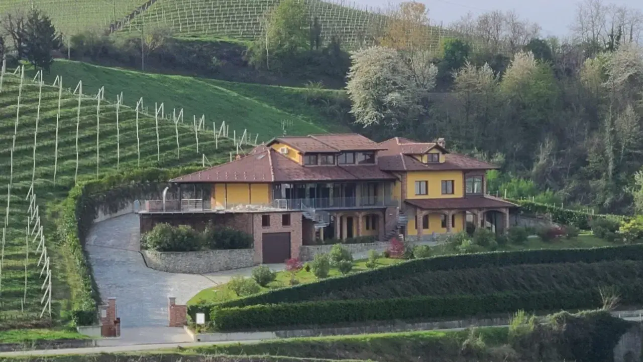 Villa gialla con tetto in tegole rosse, circondata da vigneti e alberi in fiore. Un viale conduce all'ingresso, ricordando un antico bricco maiolica.