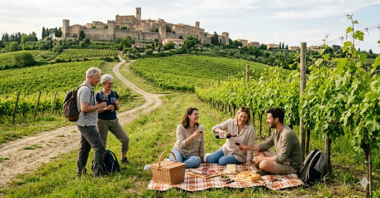 Picnic tra vigneti nel Lazio, con un borgo medievale sullo sfondo. Due coppie si godono vino e cibo, un'esperienza da "cantine aperte".
