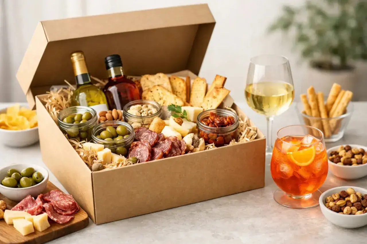 Cesto regalo con salumi, formaggi, olive, cracker, una bottiglia di vino bianco e una di vermouth, accompagnati da un aperitivo e stuzzichini.