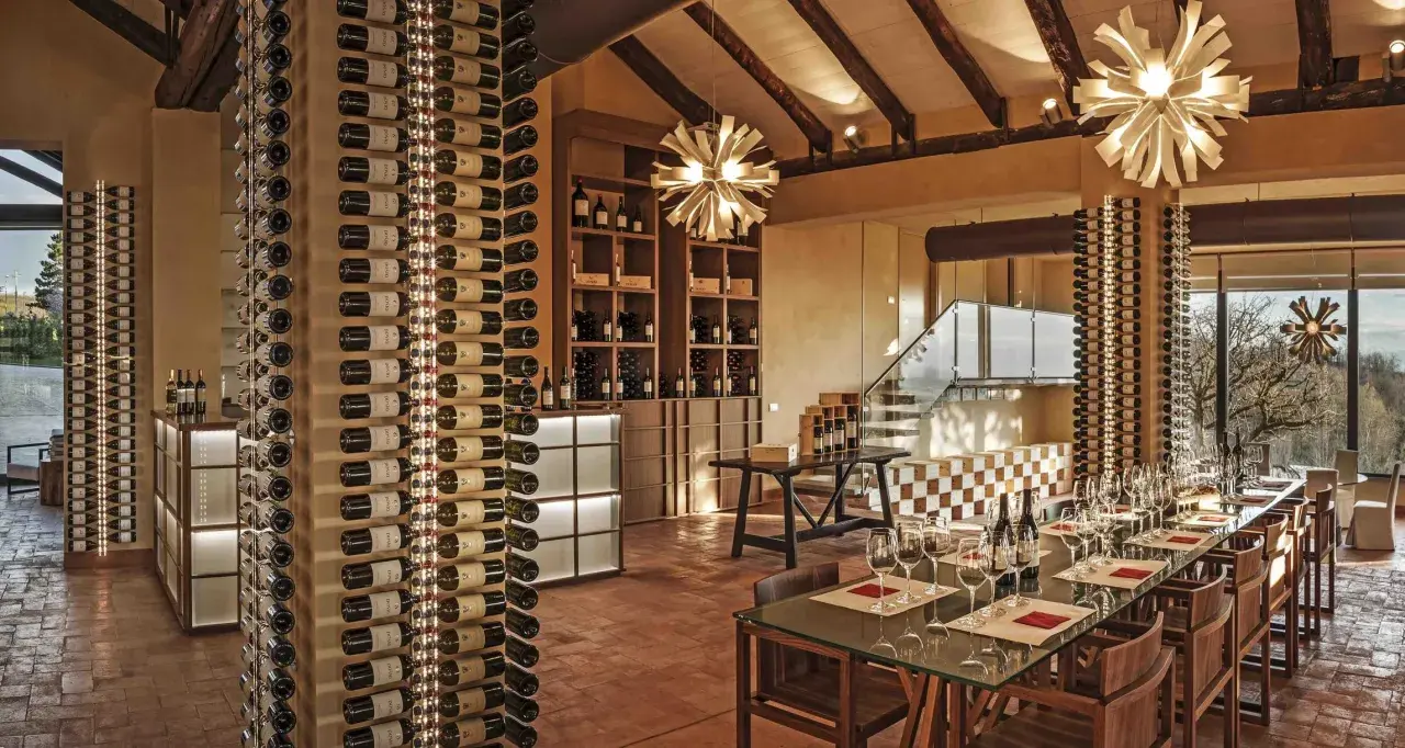 Cantina moderna con scaffali pieni di bottiglie di vino, un tavolo da degustazione pronto e un paesaggio **reverdito** fuori dalla finestra.