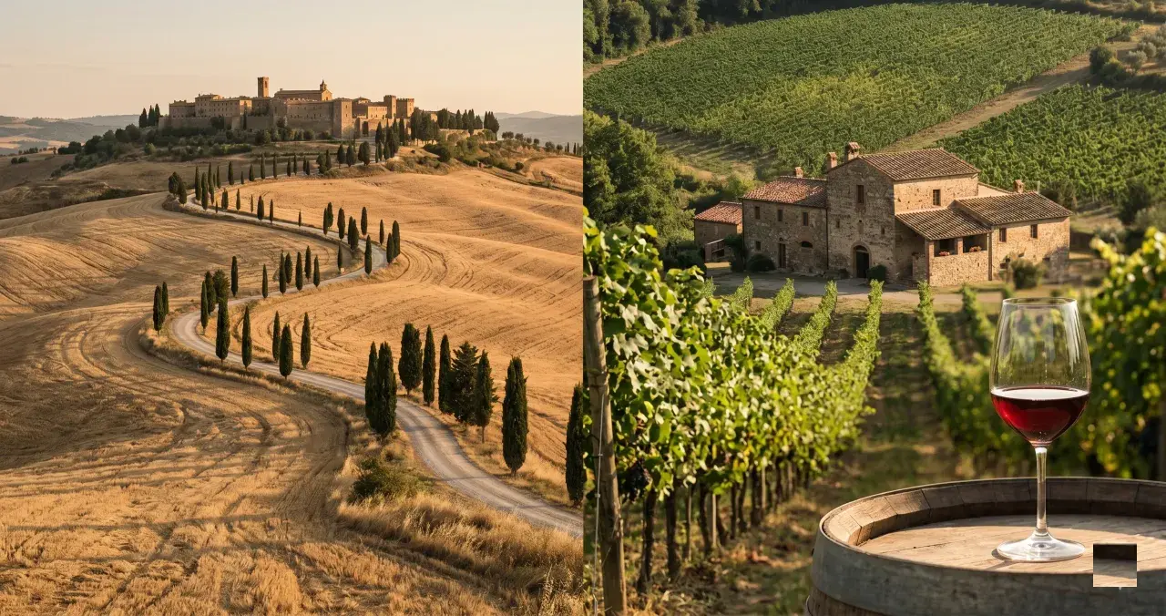 Paesaggio toscano con vigneti del Chianti, un borgo storico e un calice di vino rosso su una botte.