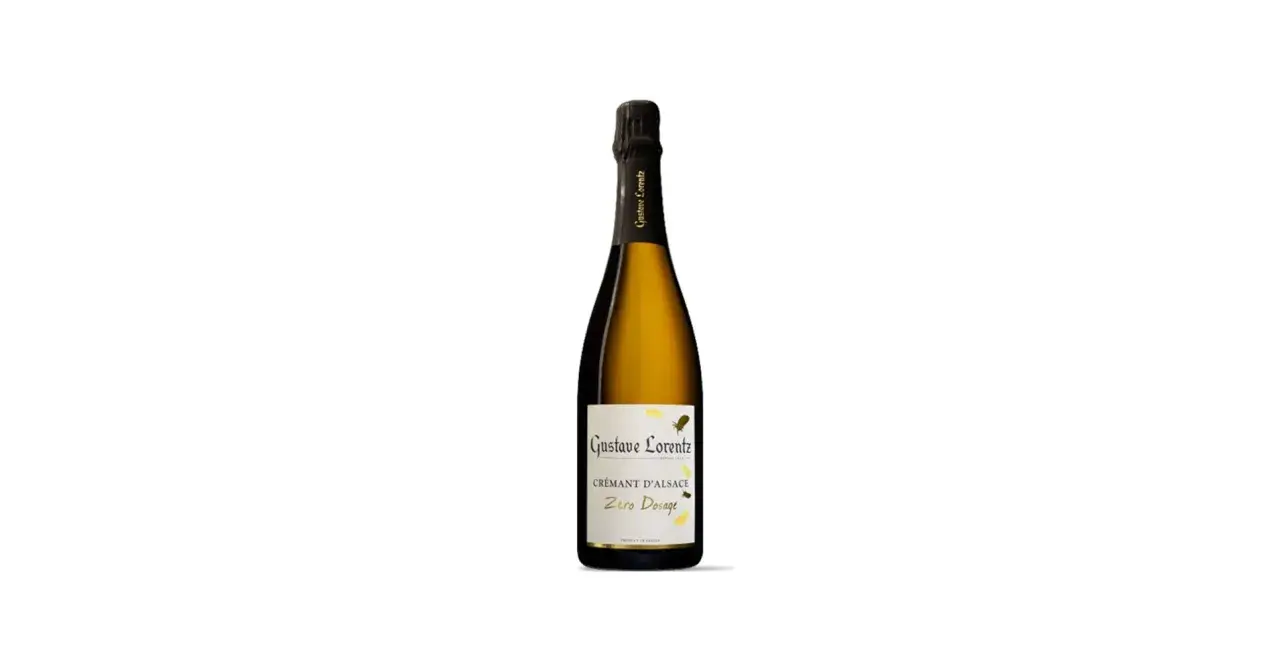 Bottiglia di Crémant d'Alsace Zéro Dosage Gustave Lorentz, con etichetta bianca e dorata.