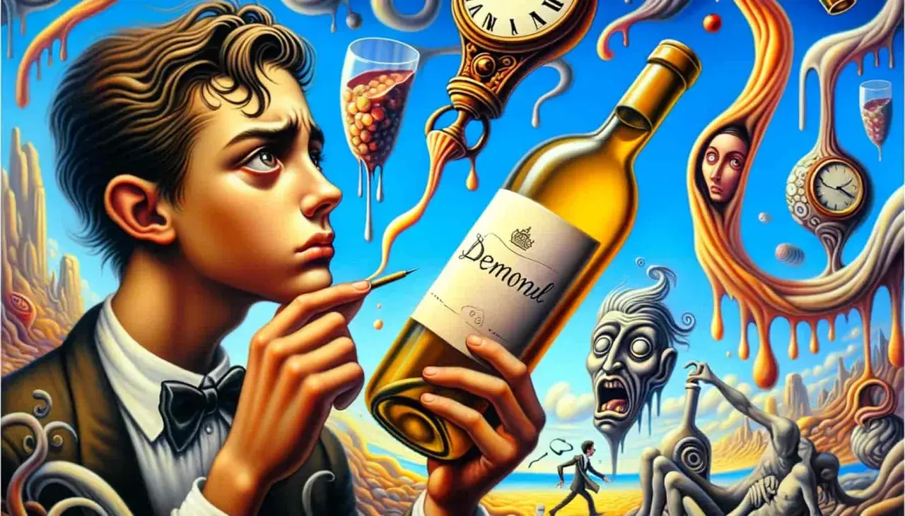 Un ragazzo con un'espressione pensierosa tiene una bottiglia di vino, circondato da elementi surreali e orologi che evocano un senso di "vintage significato" e tempo che scorre.
