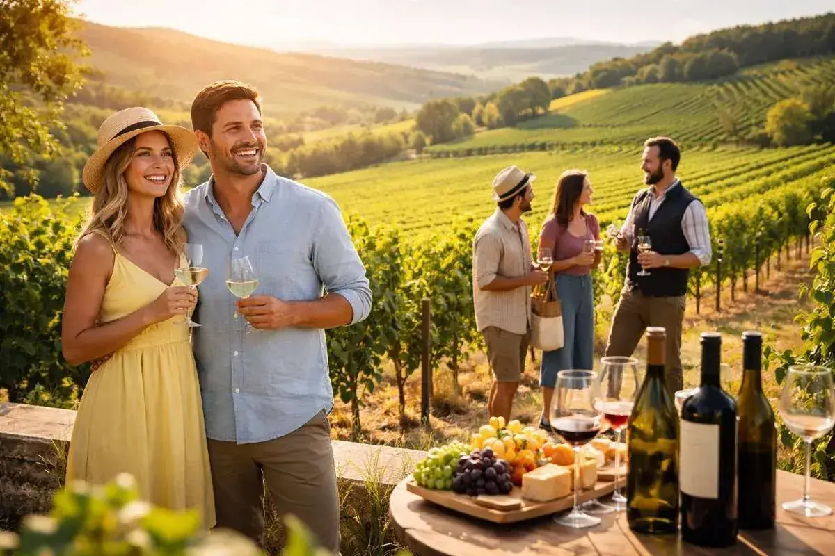 Coppia felice brinda in un vigneto al tramonto, con amici che chiacchierano sullo sfondo. Un tavolo offre formaggi e vino, evocando l'atmosfera di **cottanera**.
