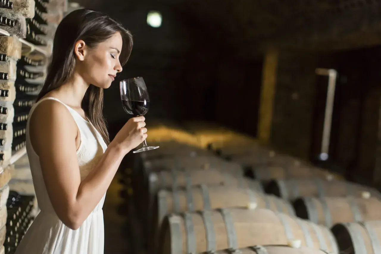 Donna in cantina assapora un bicchiere di vino rosso, un'esperienza che racchiude il vero degustazione significato.