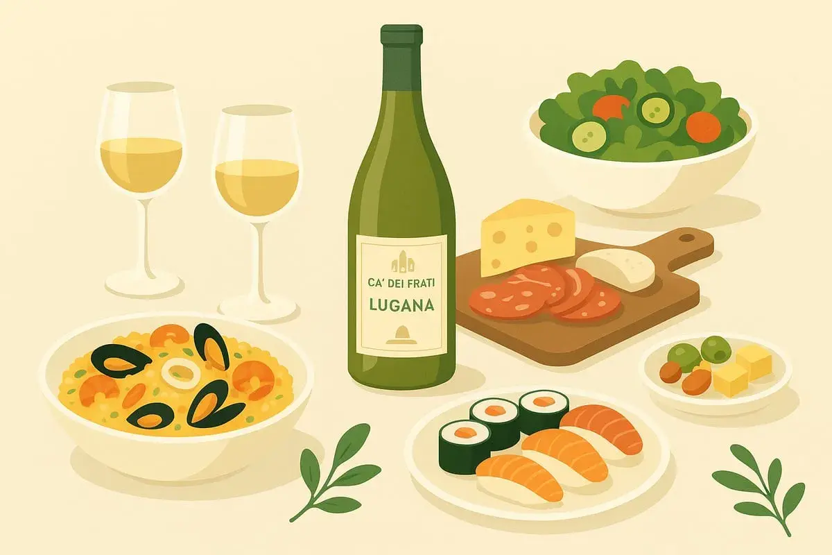 Un tavolino con risotto ai frutti di mare, sushi, insalata, salumi, formaggi e una bottiglia di Lugana. Perfetti abbinamenti per una cena.