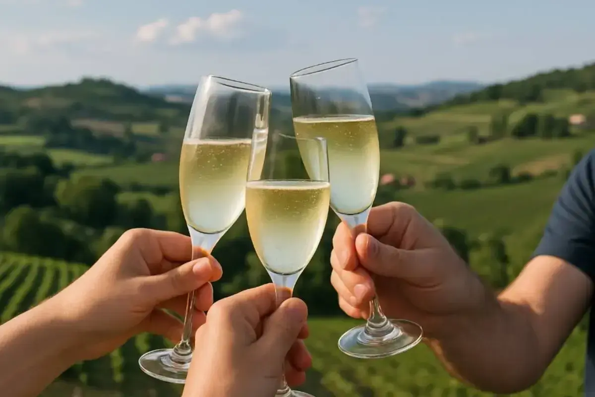 Brindisi con bollicine per un aperitivo in vigna nell'Oltrepò Pavese, tra dolci colline verdi.