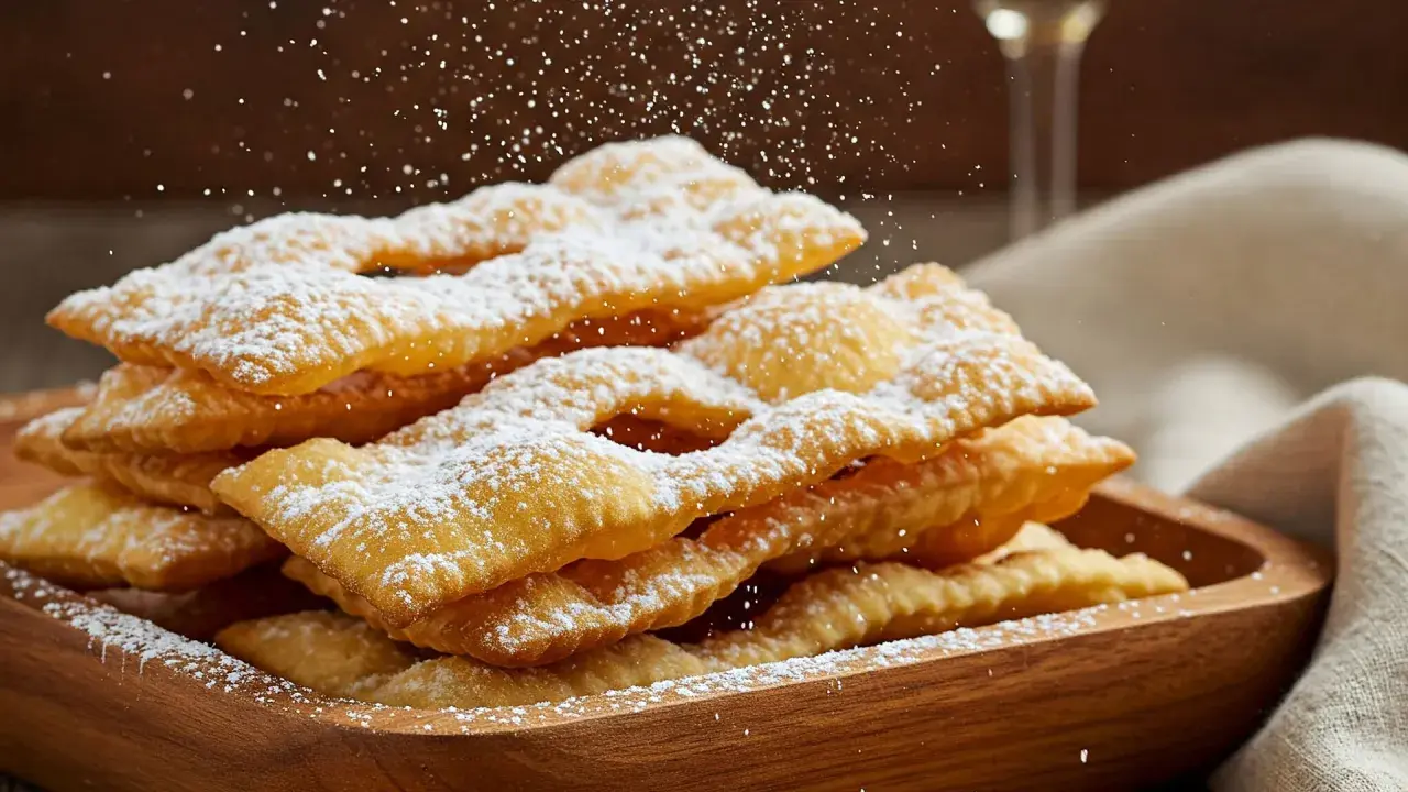 Un piatto di chiacchiere cosparse di zucchero a velo, pronte per essere gustate con un buon bicchiere di vino.