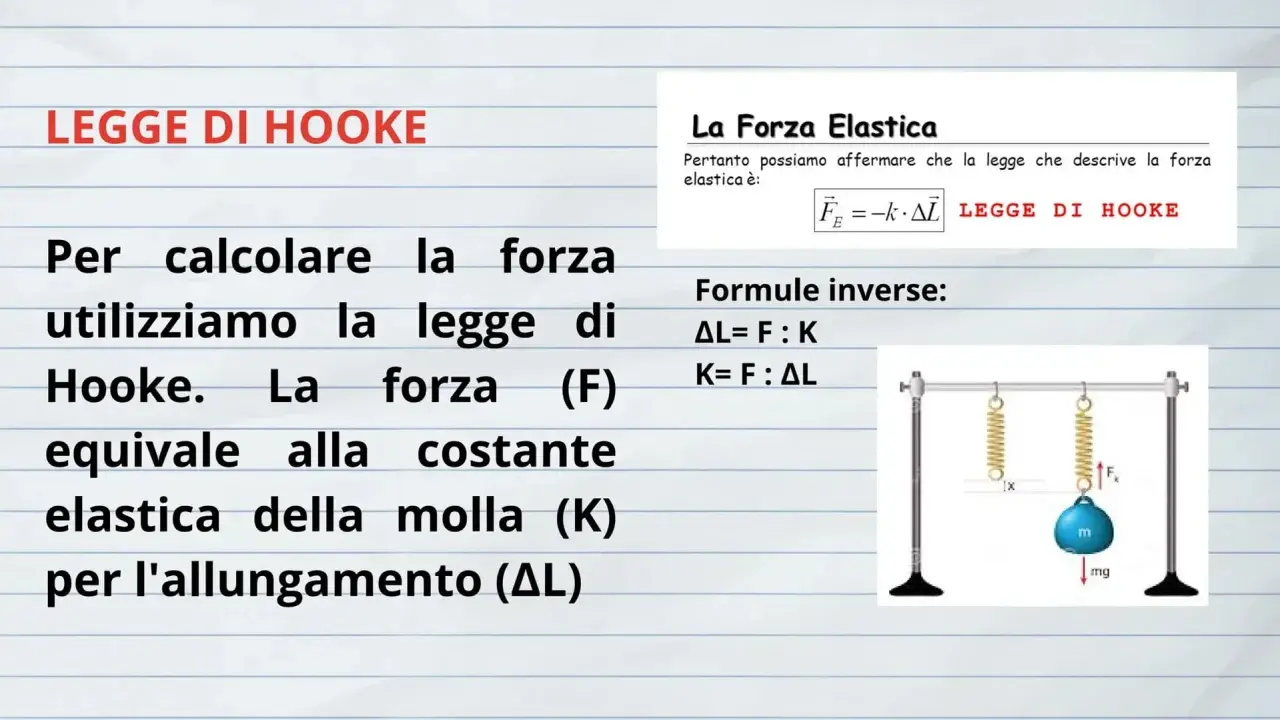 Diagram illustrating Hooke's Law with springs, weights, and formulas.