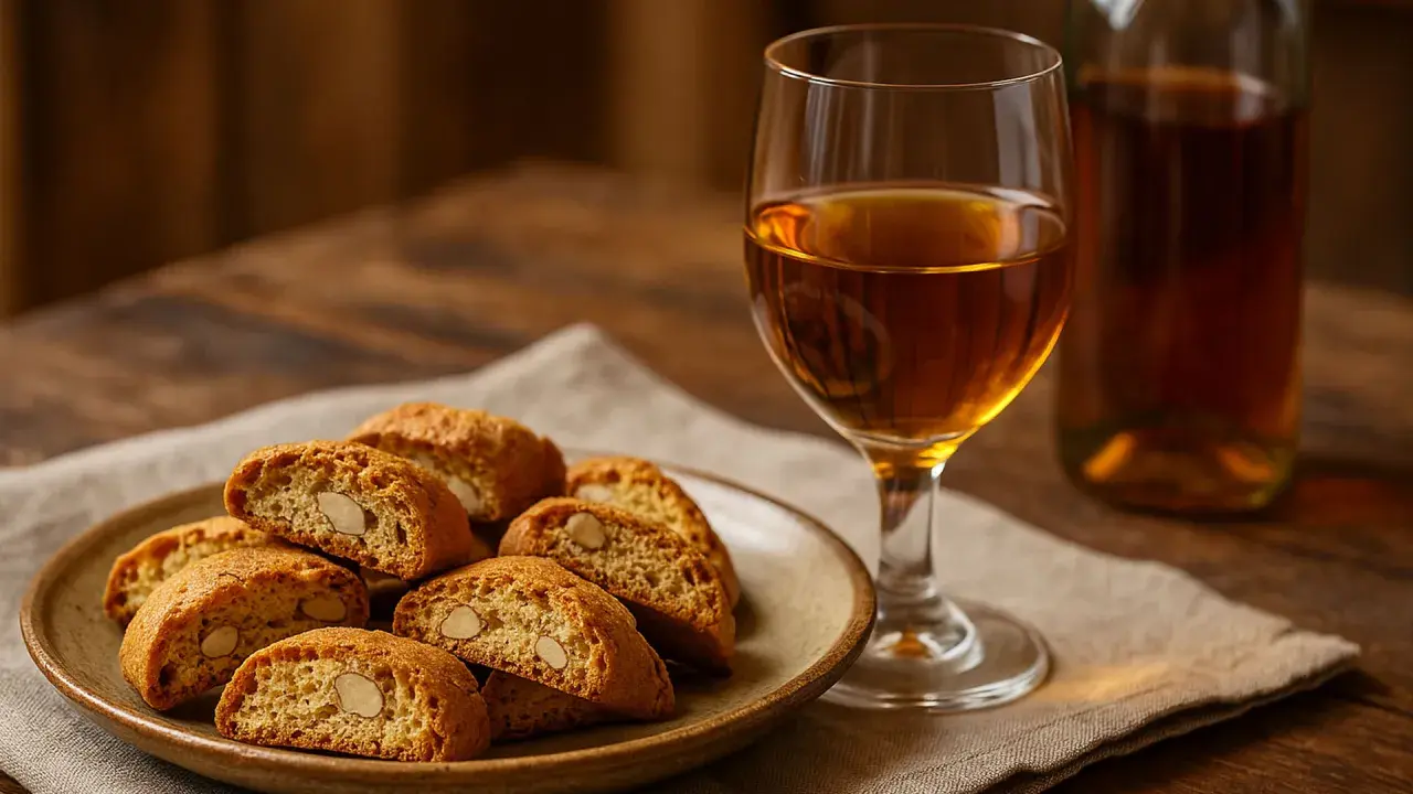 Cantucci e vino: un bicchiere ambrato e biscotti croccanti alle mandorle su un piatto, pronti per essere inzuppati.
