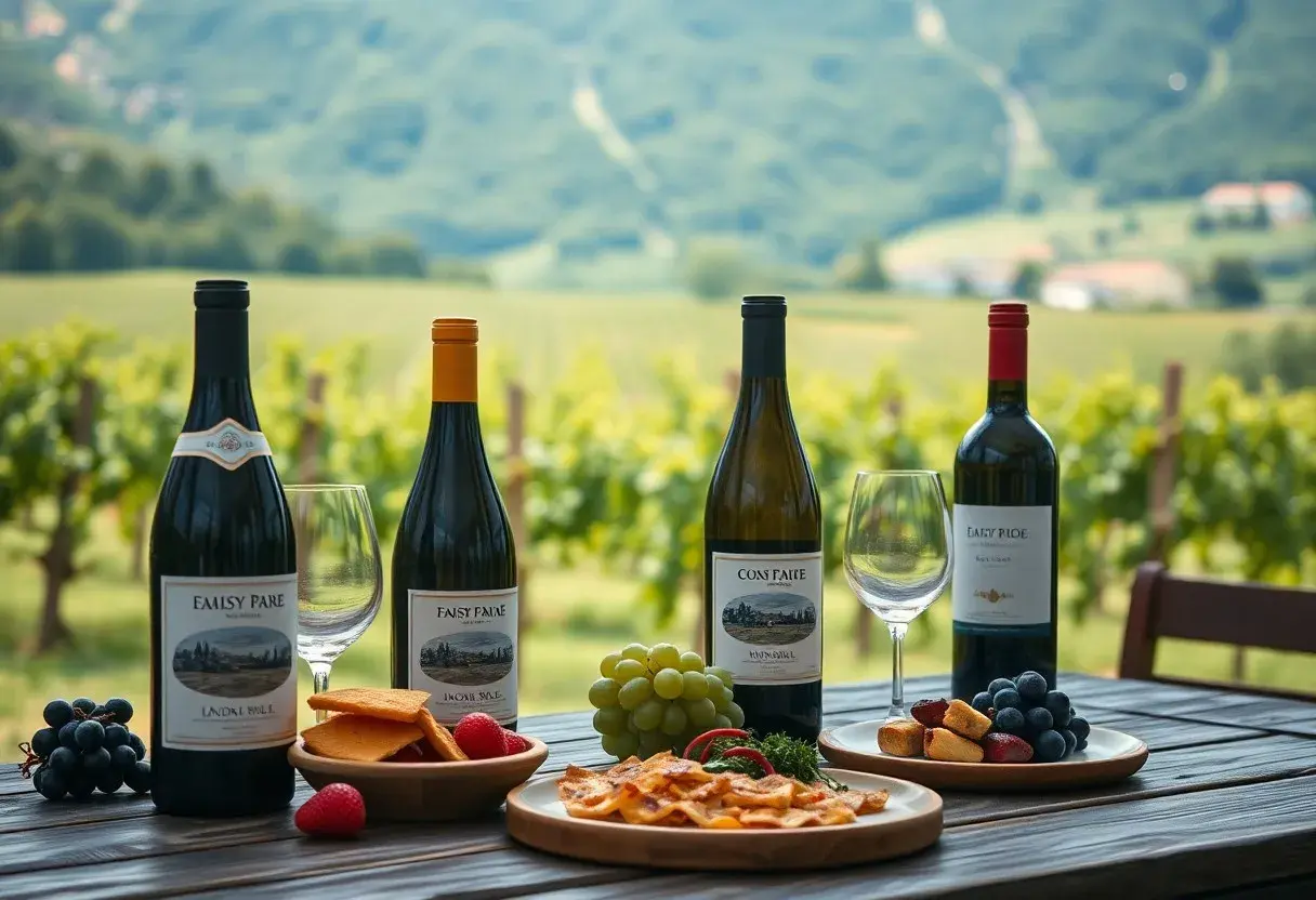 Bottiglie di vino e stuzzichini su un tavolo in vigneto, perfetti per scoprire i refosco abbinamenti.