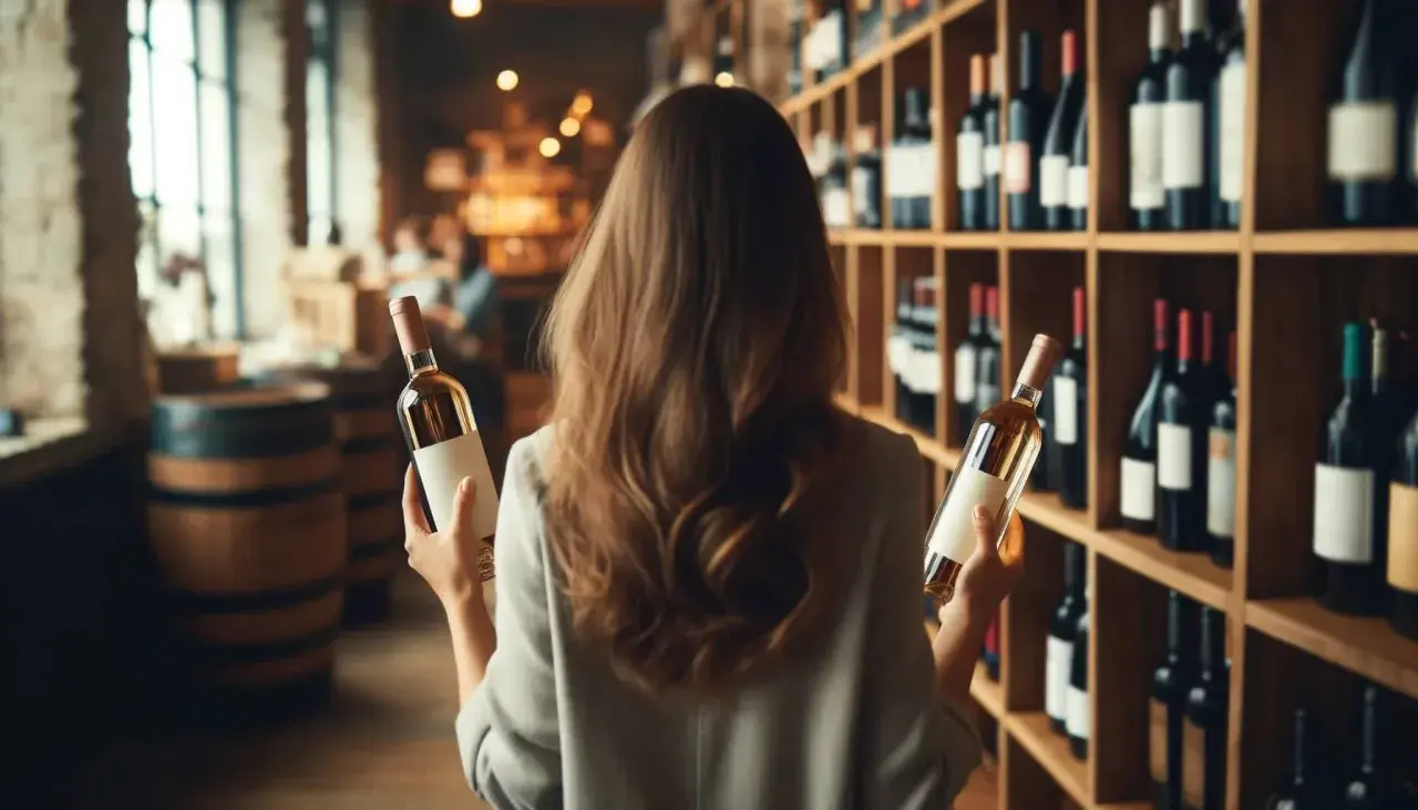 Donna sceglie tra due bottiglie di vino in una cantina. Scaffali pieni di bottiglie e botti sullo sfondo.
