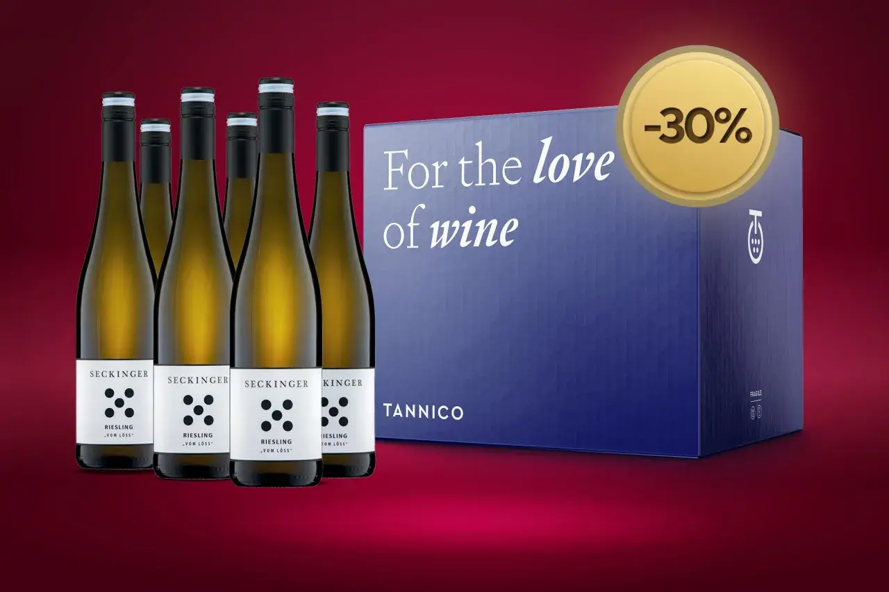 Sei bottiglie di Riesling Seckinger, con scatola "For the love of wine" e sconto del 30%. Tannico, il significato del buon vino.