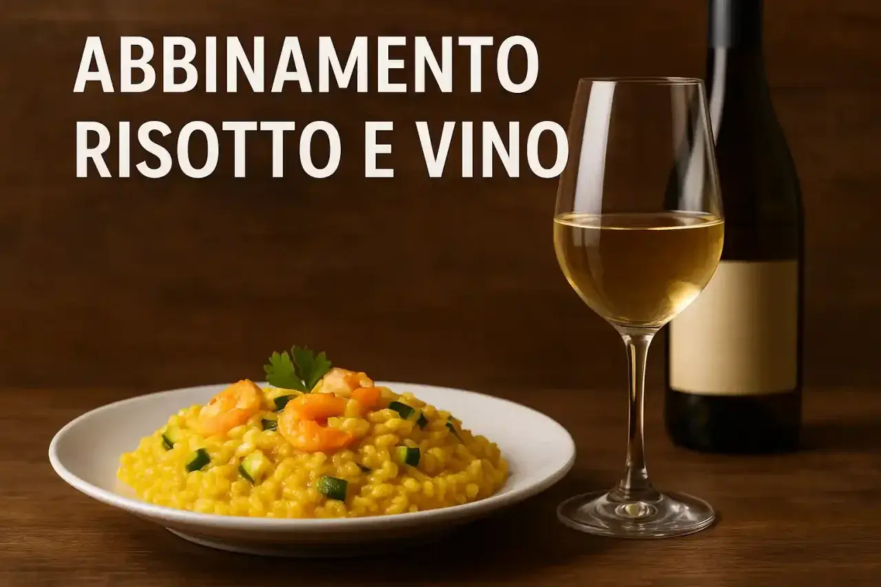 Abbinamento vino e risotto allo zafferano con gamberi e zucchine. Un bicchiere di vino bianco e una bottiglia completano la scena.