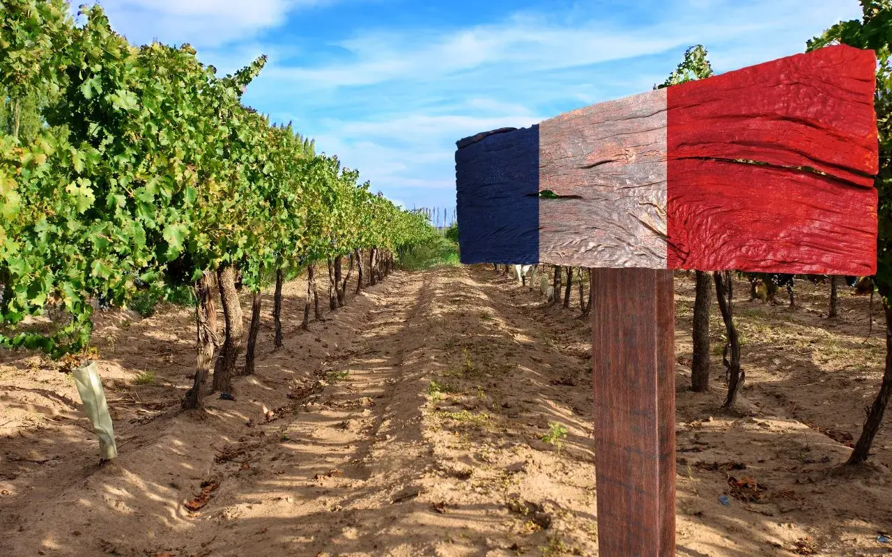 Vigneto con cartello tricolore francese, che evoca la differenza tra cabernet franc e cabernet sauvignon, uve simbolo della Francia.