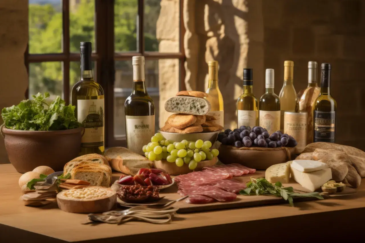 Un ricco aperitivo in vigna in Campania: bottiglie di vino, pane fresco, salumi, formaggi, uva e verdure su un tavolo di legno.