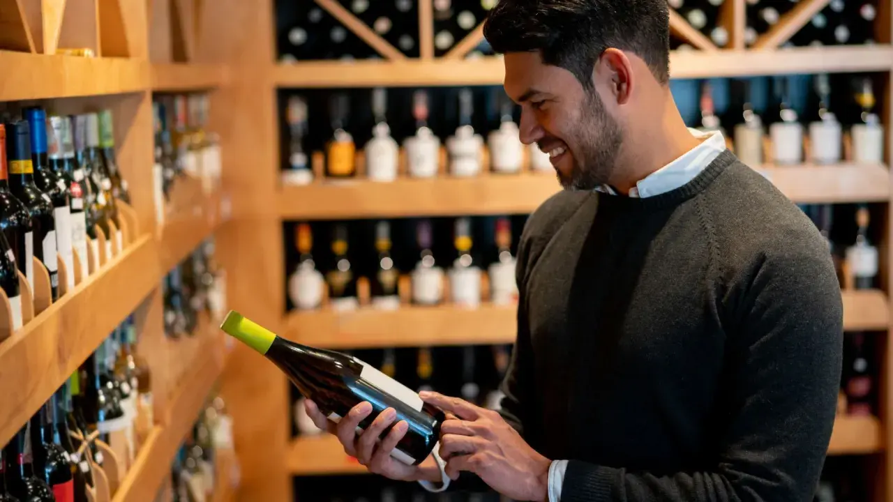 Uomo sorridente sceglie una bottiglia di vino, con scaffali pieni di bottiglie sullo sfondo. La sua unghia del vino è pronta per la degustazione.