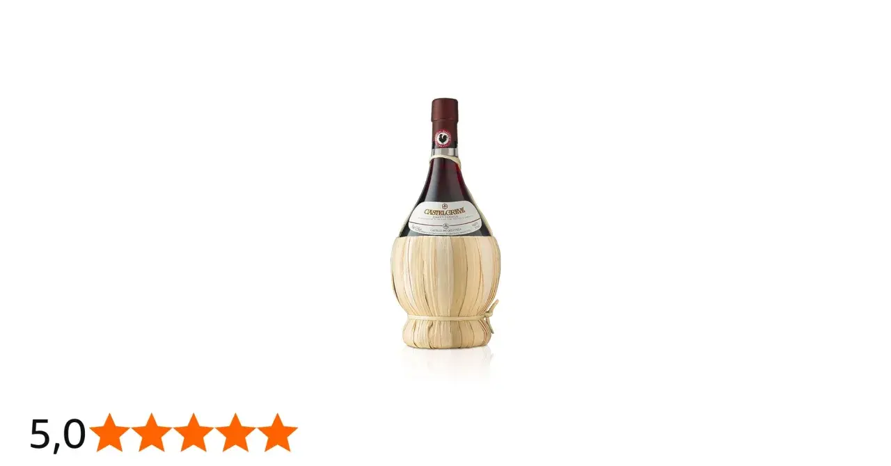 Bottiglia di Chianti Classico Castelgreve, con cestino in paglia. Un classico vino toscano.