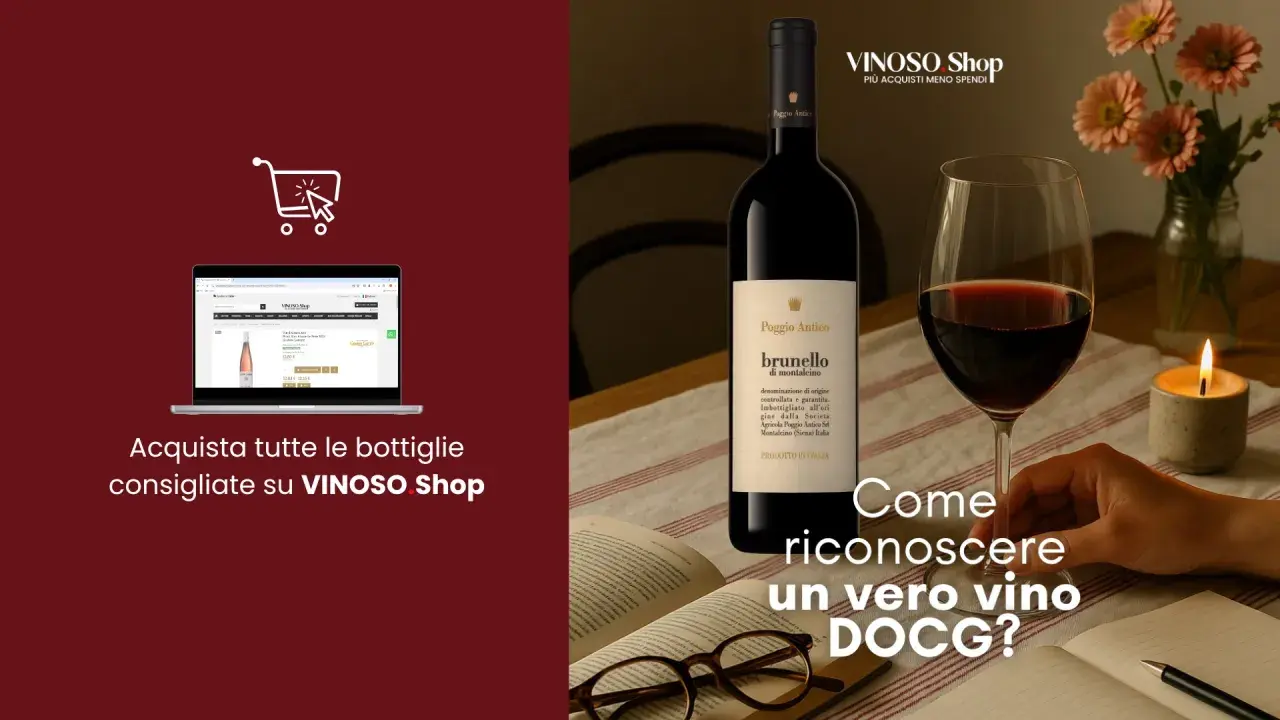 Bottiglia di vino Brunello di Montalcino, con la sua origine DOCG ben visibile. Un calice di vino rosso e un libro aperto invitano a scoprire la qualità.