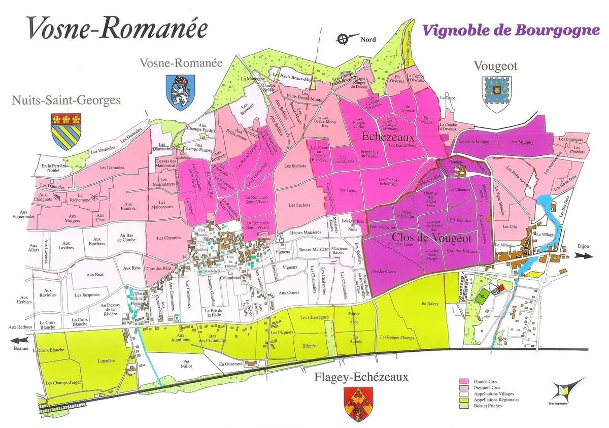 Mappa dei vigneti della Borgogna, con particolare attenzione a Vosne-Romanée e Vougeot. Il climat è dettagliato, mostrando la suddivisione dei cru.