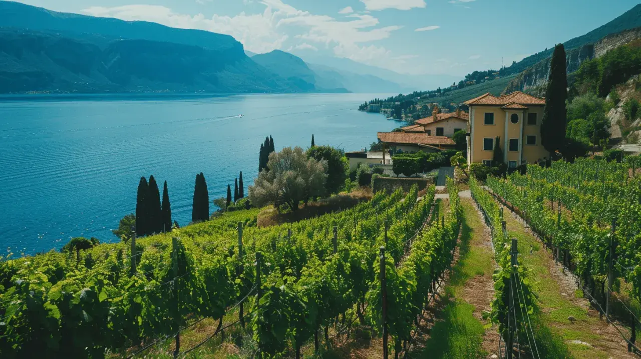 Vigneti rigogliosi con vista sul lago azzurro e montagne. Ideale per una degustazione vini Marche in un contesto da sogno.