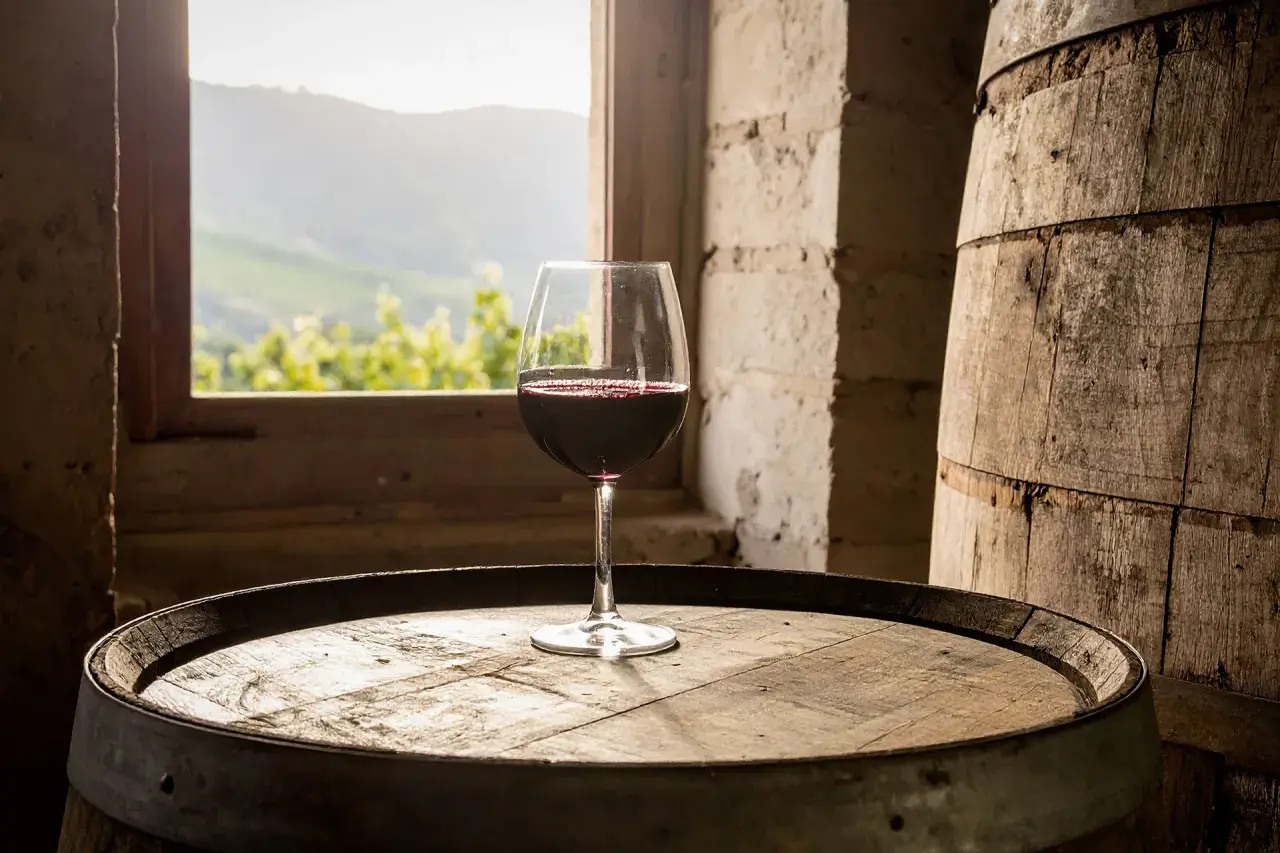 Calice di vino rosso su una barrique, con vista su vigneti dalla finestra.