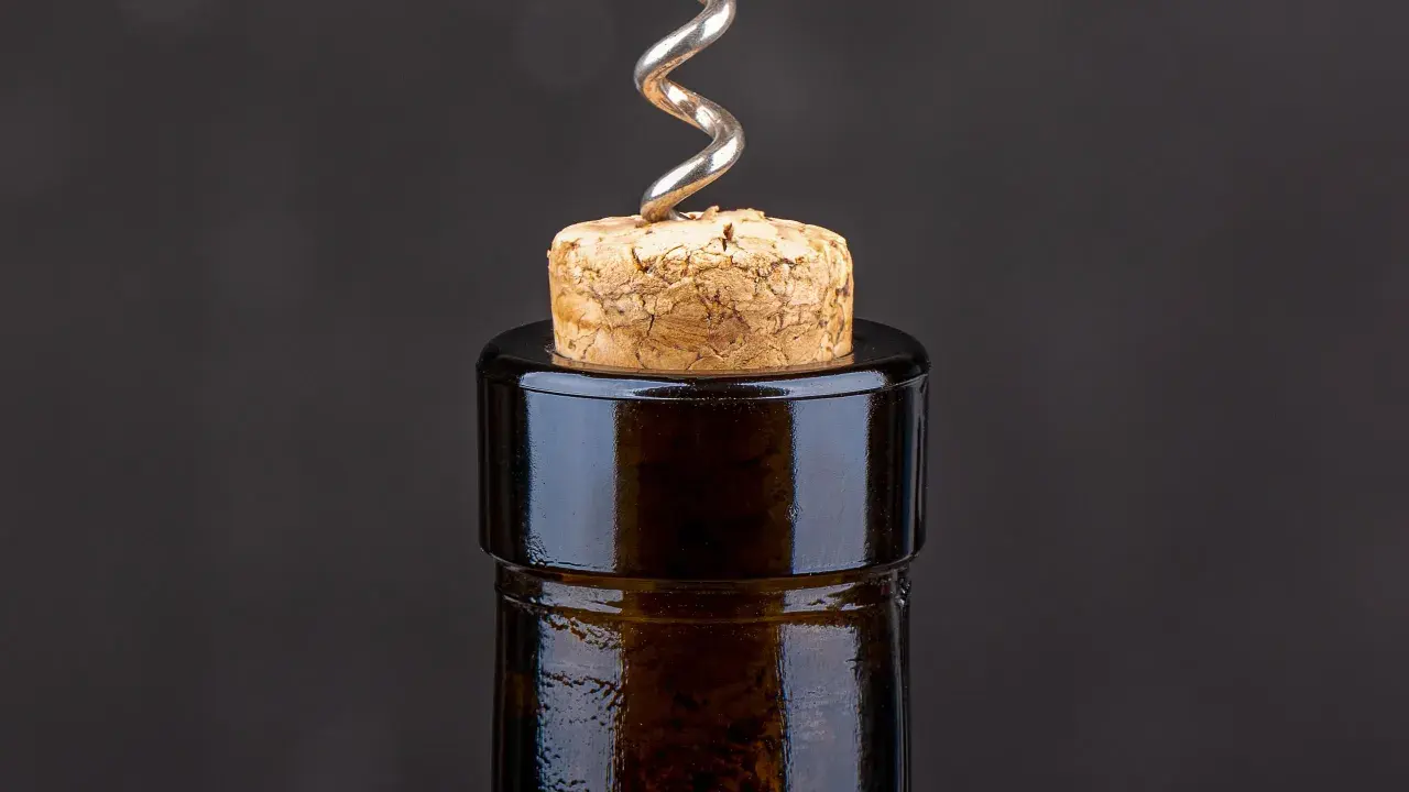 Un cavatappi d'argento è conficcato in un tappo di sughero, pronto ad aprire una bottiglia di vino. Il tappo sa di tappo, promettendo un buon aroma.