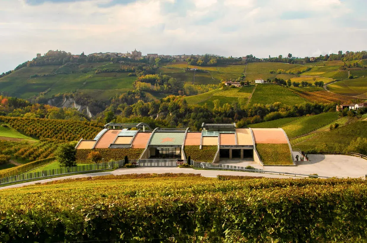 Cantina moderna immersa tra le colline vitate delle Langhe, un paesaggio che evoca la qualità dei vini di Domenico Clerico.