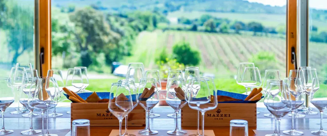 Bicchieri pronti per una degustazione di vini in un'azienda agricola con vista sui vigneti. Un'esperienza perfetta per scoprire dove fare degustazione vini.