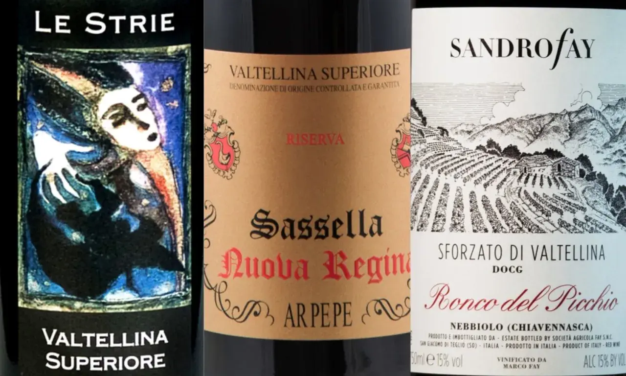 Tre bottiglie di vino per una degustazione vini Valtellina: "Le Strie", "Sassella Nuova Regina" e "Sforzato di Valtellina Ronco del Picchio".