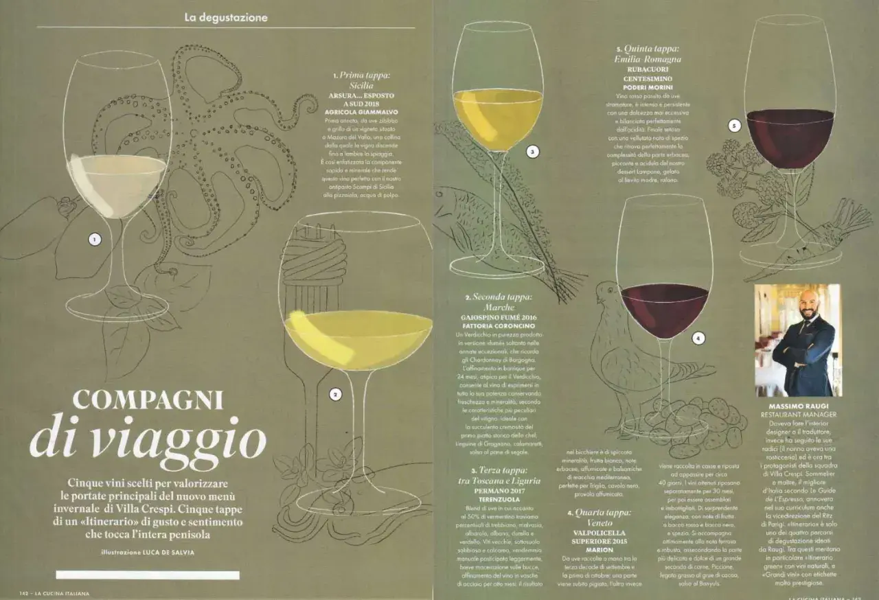 Vini e sapori d'Italia: un viaggio sensoriale con un persistente significato. Cinque tappe, cinque vini, cinque illustrazioni.