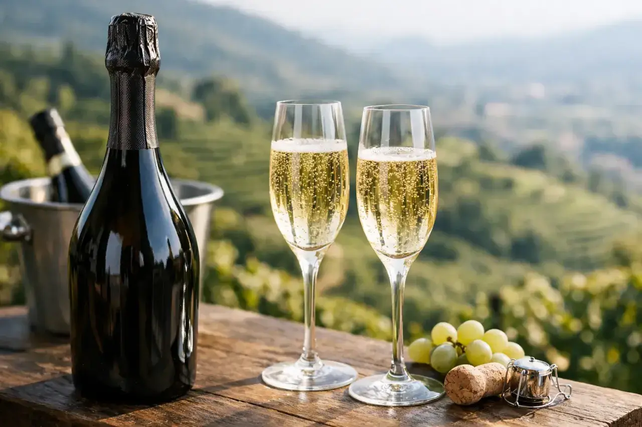 Due calici di spumante millesimato, con una bottiglia in secchiello e grappoli d'uva, su un tavolo di legno con sfondo di colline verdi.