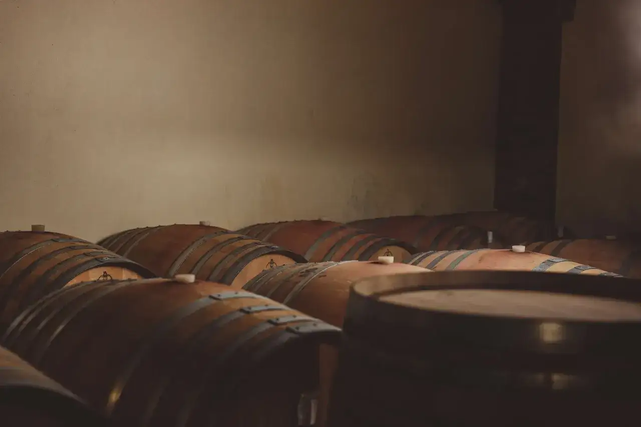 Cantina con botti di legno. Il loro aspetto imponente evoca un senso di protezione, quasi un significato di
