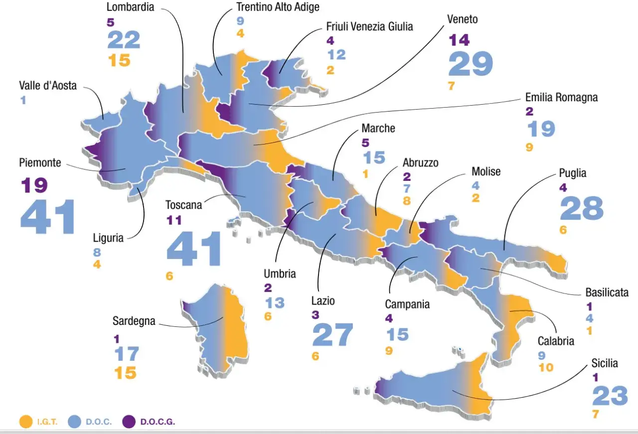 Mappa dell'Italia con dati sul disciplinare di produzione vino per regione. Legenda: I.G.T., D.O.C., D.O.C.G.