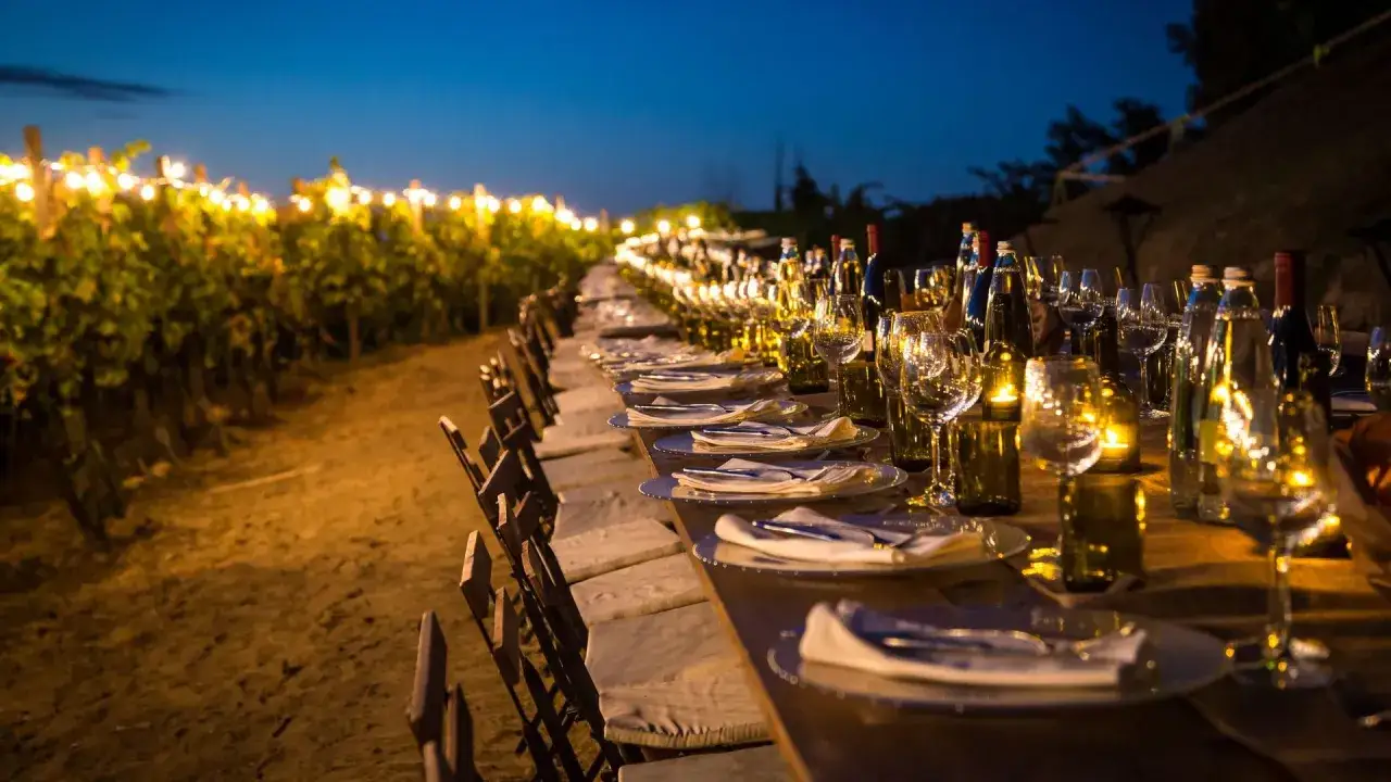 Un magico aperitivo in vigna in Campania, con una lunga tavola apparecchiata sotto le luci soffuse, tra bottiglie di vino e candele.