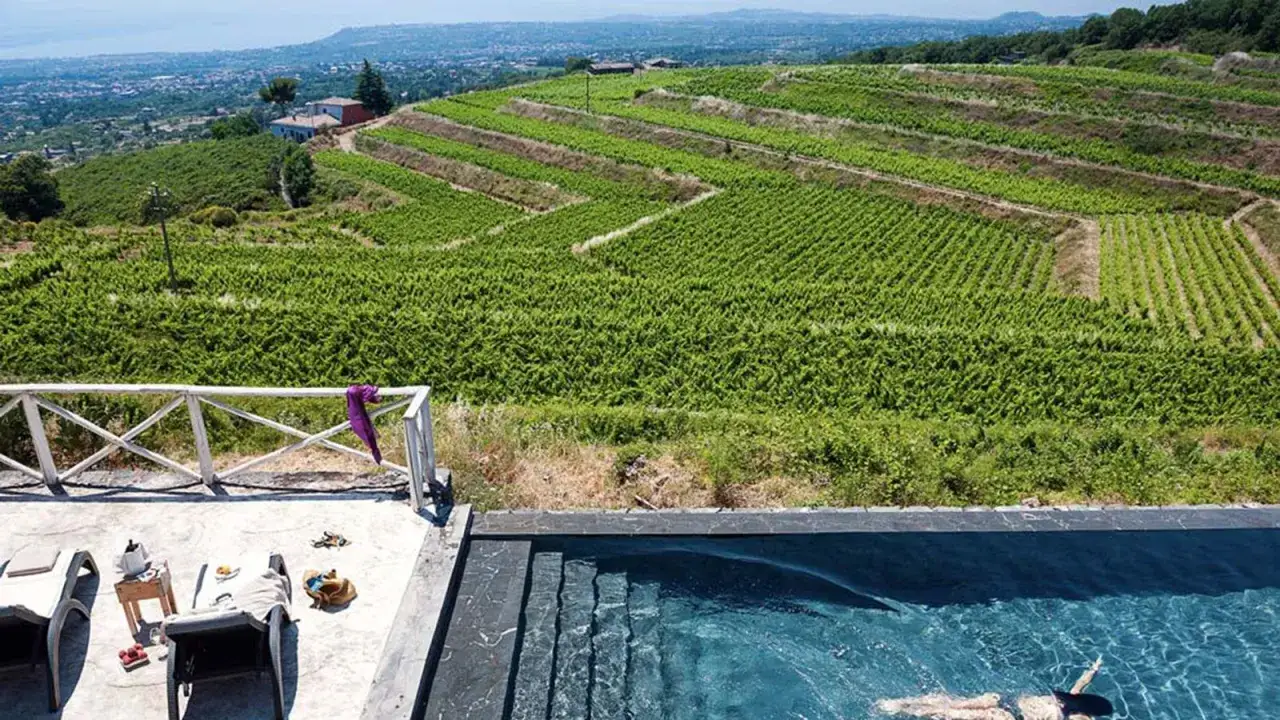 Piscina con vista su vigneti terrazzati, un sogno di un wine resort in Sicilia. Relax e natura.