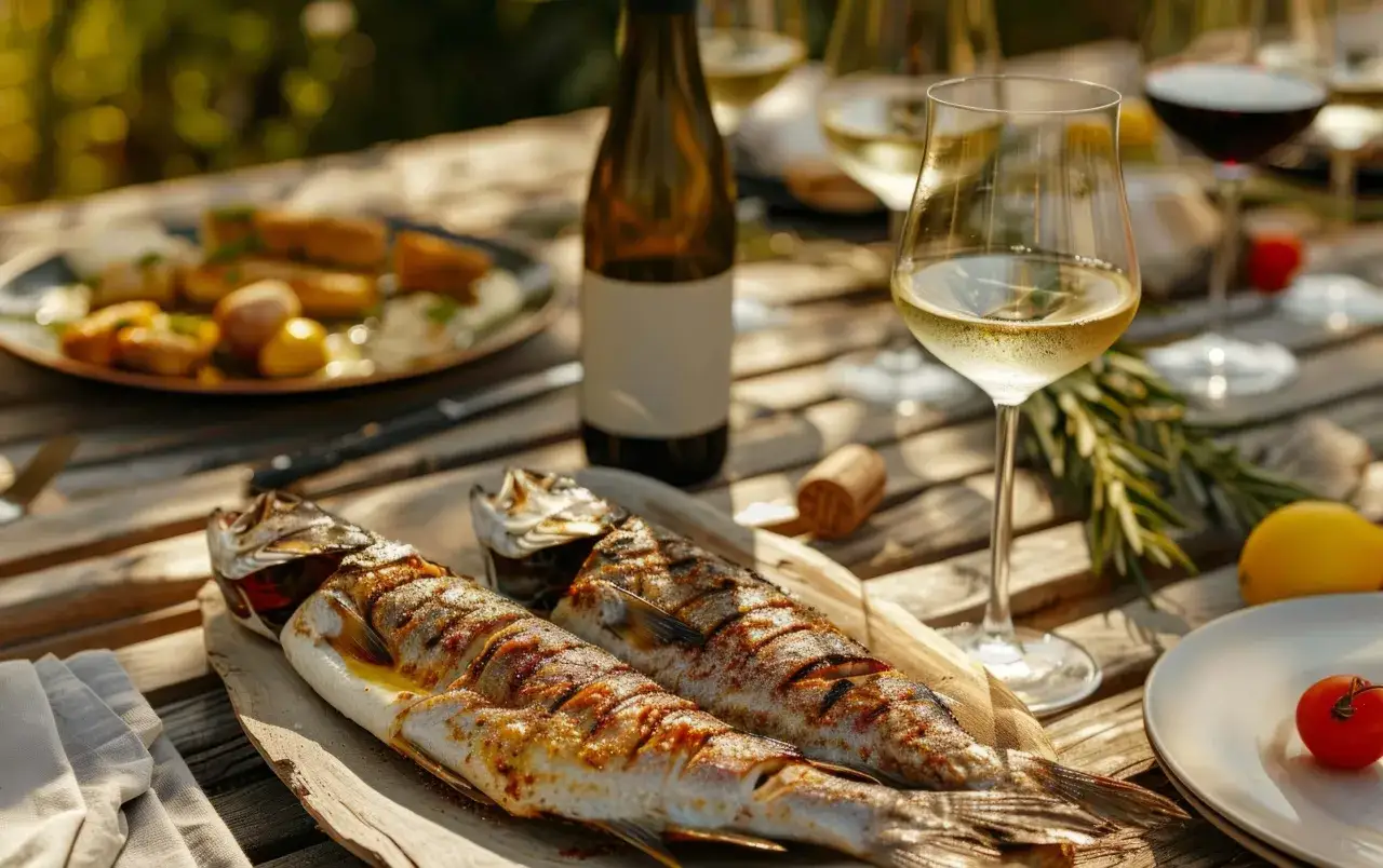 Due pesci grigliati su un tavolo di legno, con bicchieri di vino bianco e rosso, limone e pomodorini. Un'atmosfera da porto bianco e relax.