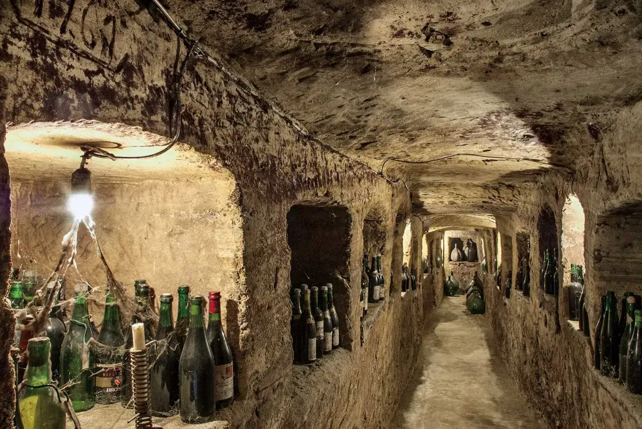 Cantina sotterranea con bottiglie di vino antiche, alcune ricoperte di ragnatele. Sembra che solo cinque quinti della cantina sia visibile.