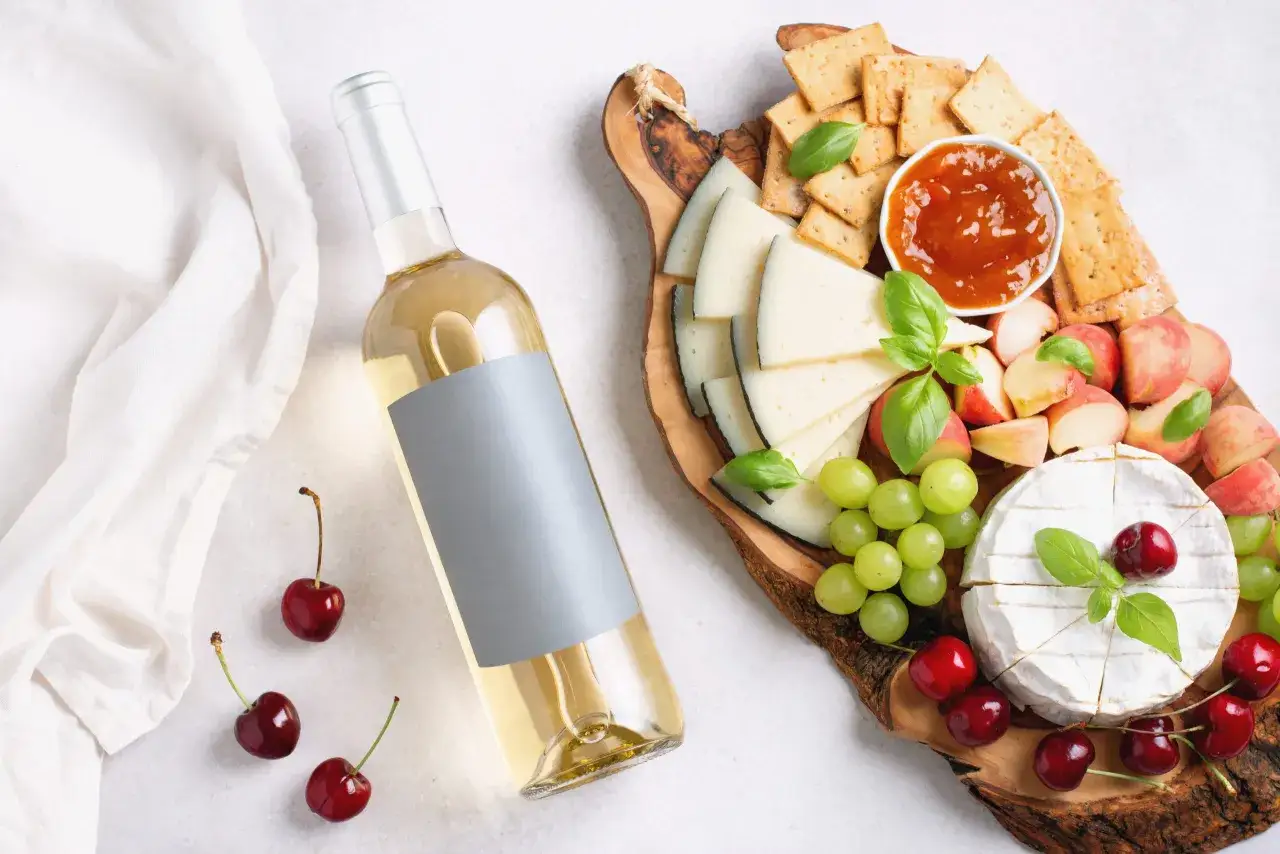Un bicchiere di vino bianco, ideale per vermentino abbinamenti con formaggi, frutta e confettura su un tagliere rustico.